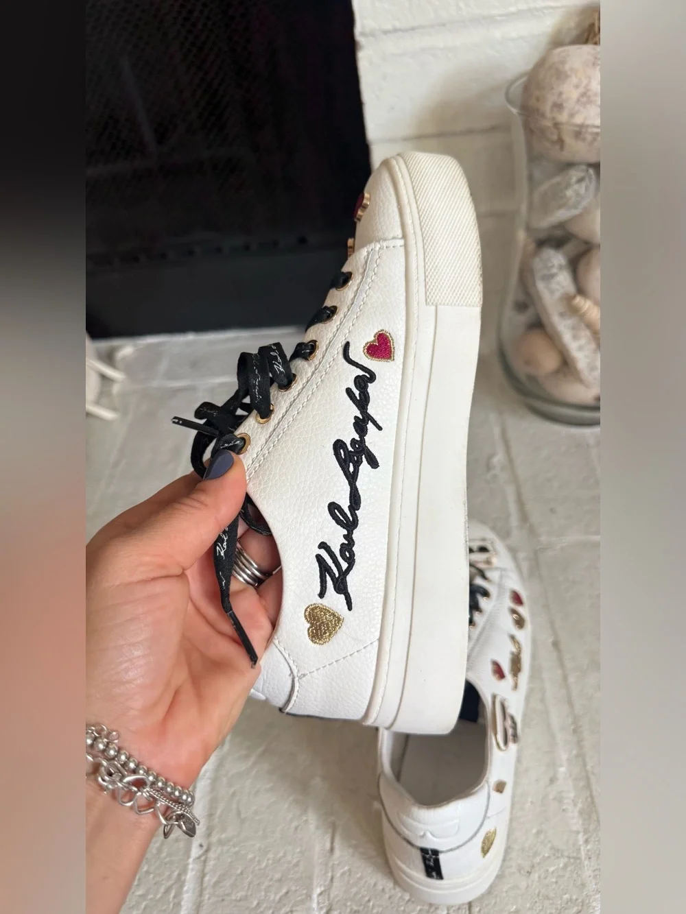 Karl Lagerfeld Paris Cate Pins Leather Sneakers White Charms US 5.5 EU 35.5